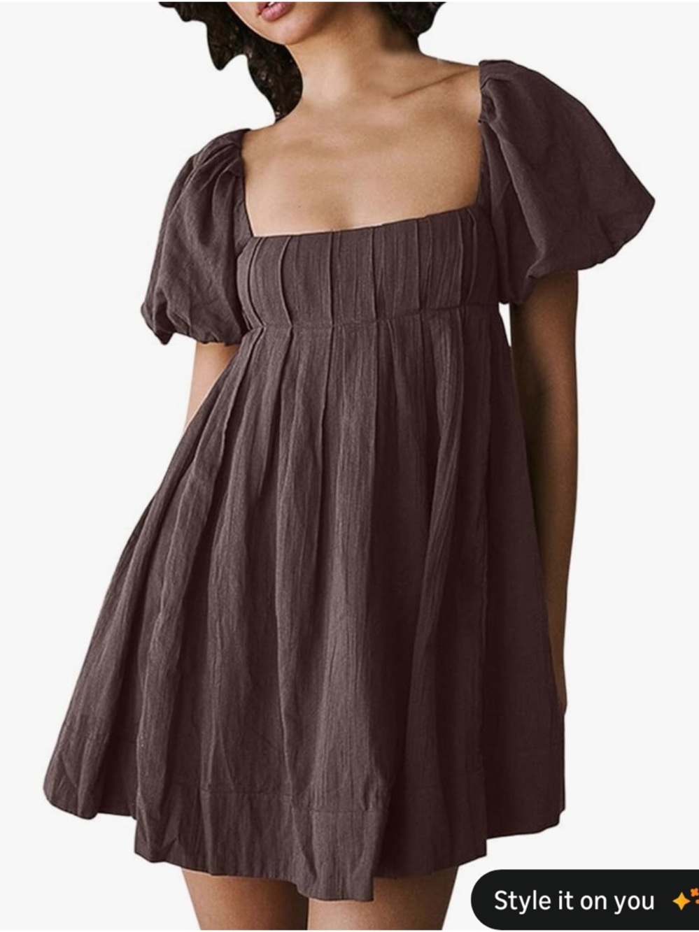Brown Puff-Sleeve Square-Neck Mini Dress